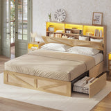 AOGLLATI Full Size Bed Frame with 4 Storage Drawers and 2-Tier Bookcase Hidden Headboard, Rattan Led Bed Frame Full Size with Charging Station, No Box Spring Needed, Wood AOGLLATI