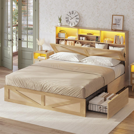 AOGLLATI Full Size Bed Frame with 4 Storage Drawers and 2-Tier Bookcase Hidden Headboard, Rattan Led Bed Frame Full Size with Charging Station, No Box Spring Needed, Wood AOGLLATI