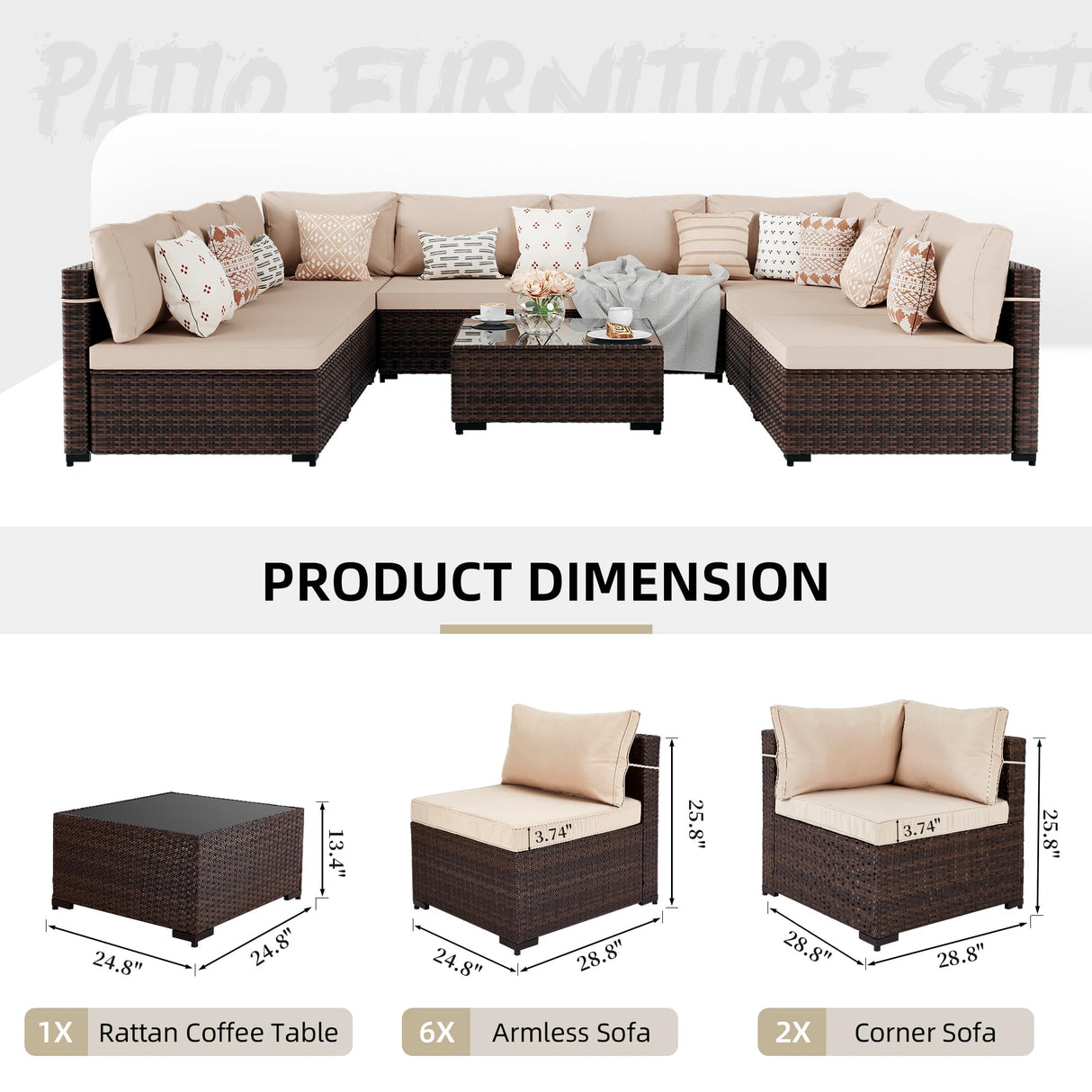 UPHA 9 Pieces Patio Furniture Sets Outdoor Sectional Sofa Wicker Conversation Couch for Decks, Backyards, Gardens, Brown Rattan, Beige Cushion UPHA