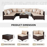 UPHA 9 Pieces Patio Furniture Sets Outdoor Sectional Sofa Wicker Conversation Couch for Decks, Backyards, Gardens, Brown Rattan, Beige Cushion UPHA