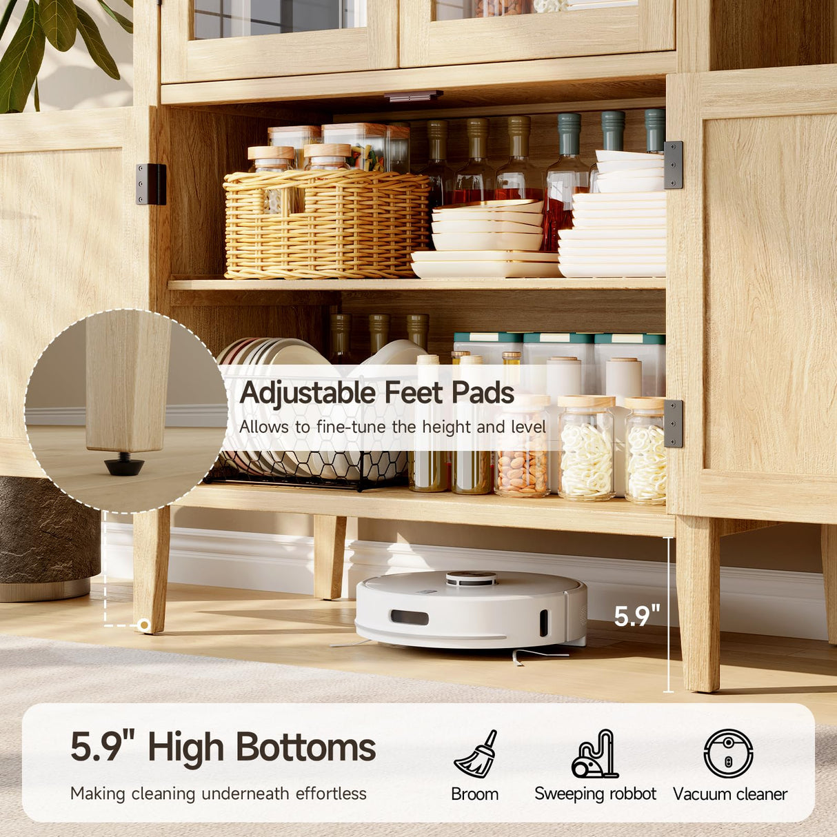 ONBRILL 71" Tall Arched Cabinet, 5-Tier Arched Kitchen Pantry with Glass Doors & Shelves, Modern Display Storage Cabinets with Adjustable Feet, Wooden Pantry Cabinet for Living Room, Dining Room ONBRILL