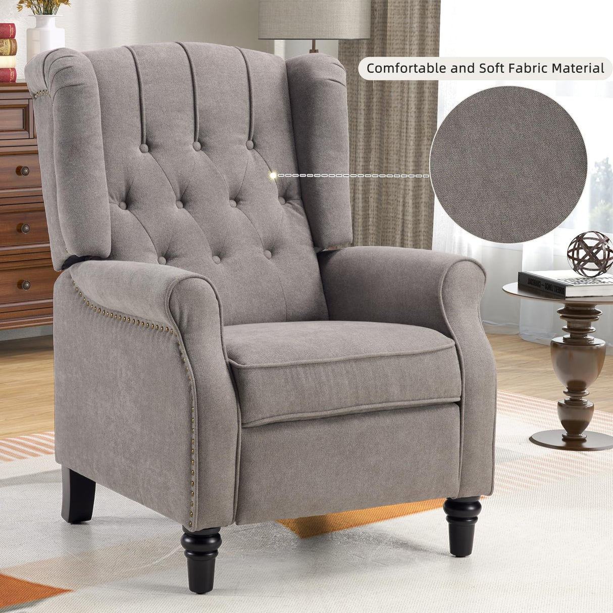 CANMOV Push Back Recliner Chair, Accent Chair,Mid Century Wingback Recliner, Fabric Push Back Recliner Chair Single Armchair Sofa with Rivet Decoration,Button-Tufted Back for Living Room, Grey CANMOV