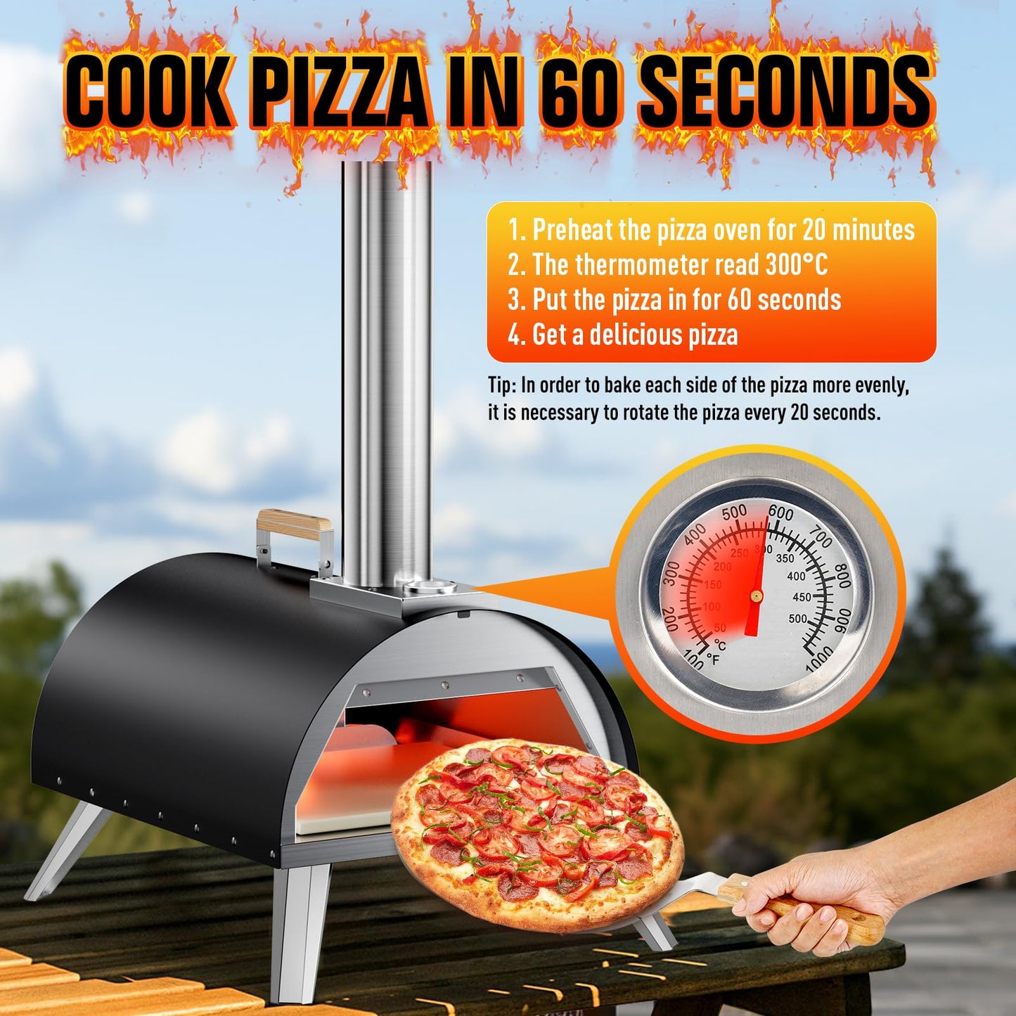 Multi-Fuel Pizza Oven Outdoor, 12" Portable Wood and Gas Fired Pizza Oven with Thermometer,Gas Hose & Pizza Stone,Heats up to 1000°F,Stainless Steel Pizza Oven for Backyard or Camping (Black)