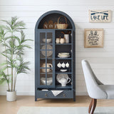 RowyPoey Farmhouse Arched Cabinet with Glass Doors, Wood Display Cabinet with Drawer and Adjustable Shelves, 71” Tall Bookshelf Modern China Storage Kitchen Pantry for Living Room,Office (Navy Blue) RowyPoey