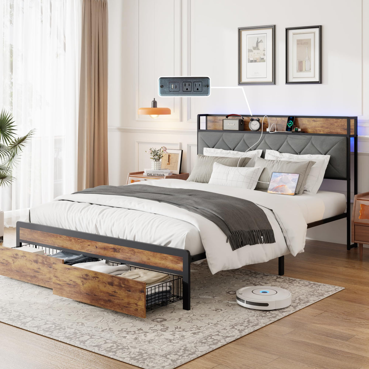LUBEDCY Full Size Metal Platform Bed Frame with Velvet Button-Tufted Headboard, 2 Storage Drawers, LED Light & USB Charging Port, Heavy Duty, Brown Wooden Panel, No Box Spring Needed (Brown, Full) LUBEDCY