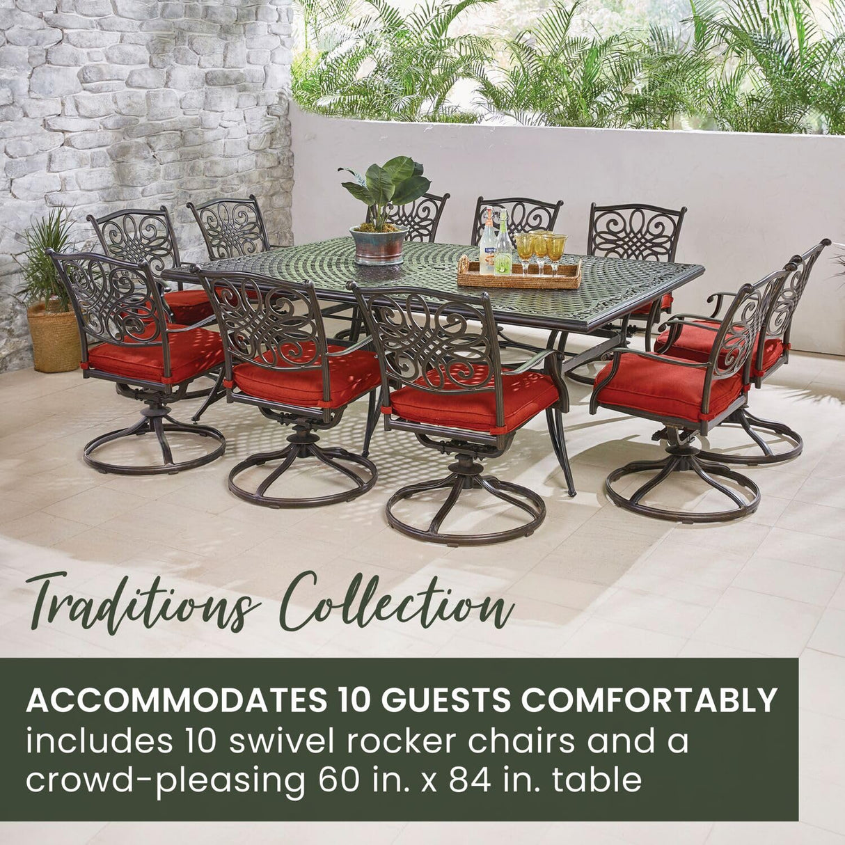 Hanover Traditions 11-Piece Modern Outdoor Dining Set with Rust Resistant Cast Aluminum Rectangular Large Dining Table and 10 Swivel Rocker Chairs with Plush Weather Resistant Red Cushions Hanover