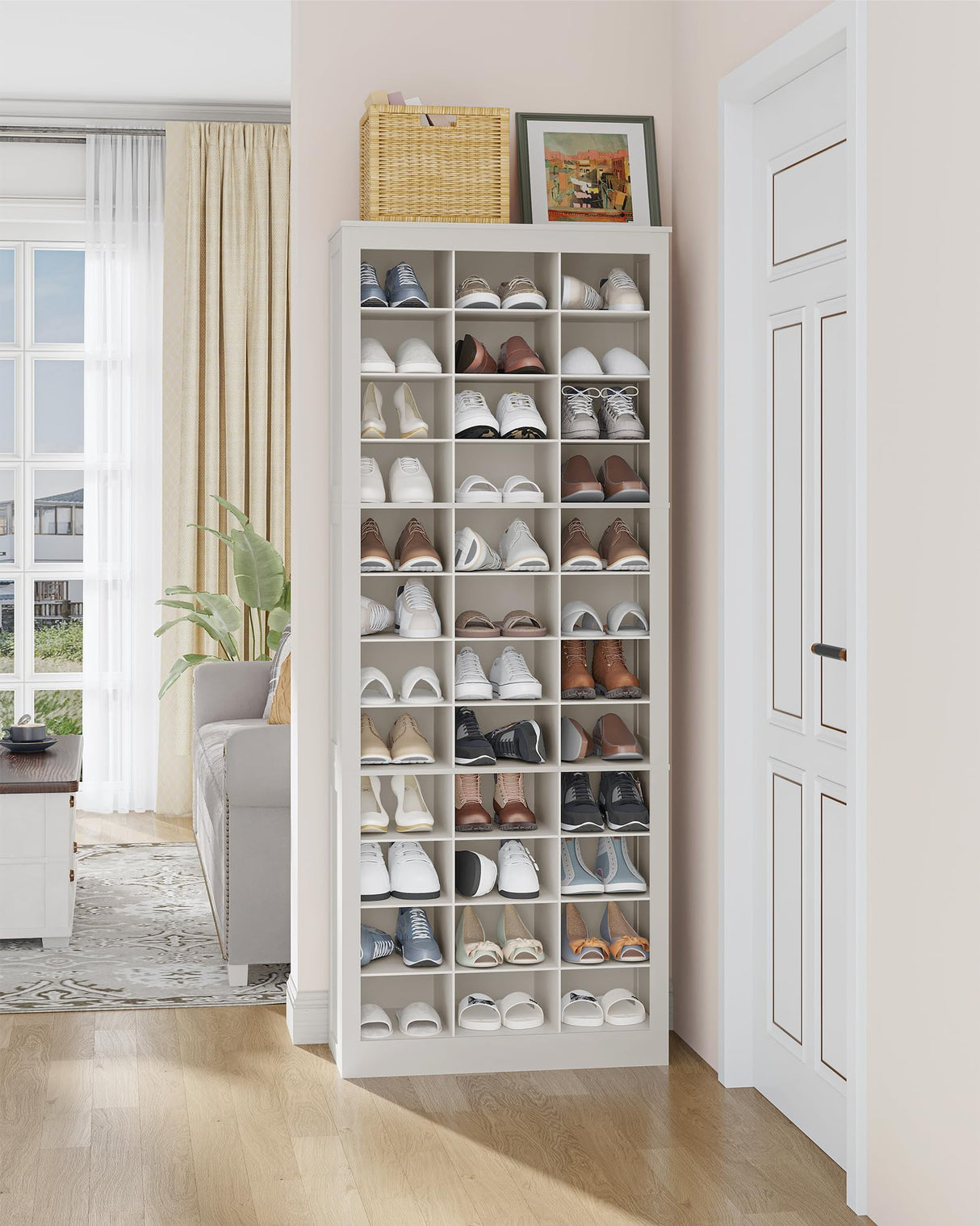 Hzuaneri Shoe Storage Cabinet, 36 Pairs Free Standing Closet Organizer, 8.8 inch Widened Cell Wood Shoe Organizer, 12 Tiers Vertical Space Saving Shoe Rack for Entryway, Bedroom, White SR20703X Hzuaneri