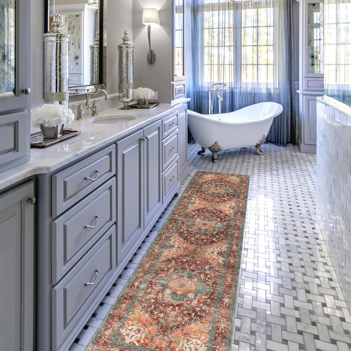 Yamaziot Washable Runner Rug, 2x8 Non-Slip Boho Vintage Hallway Rug Runner with Rubber Backing, Stain Resistant & Low Pile Faux Wool Distressed Carpet Runner for Bedroom, Kitchen, Laundry, Entrance Yamaziot