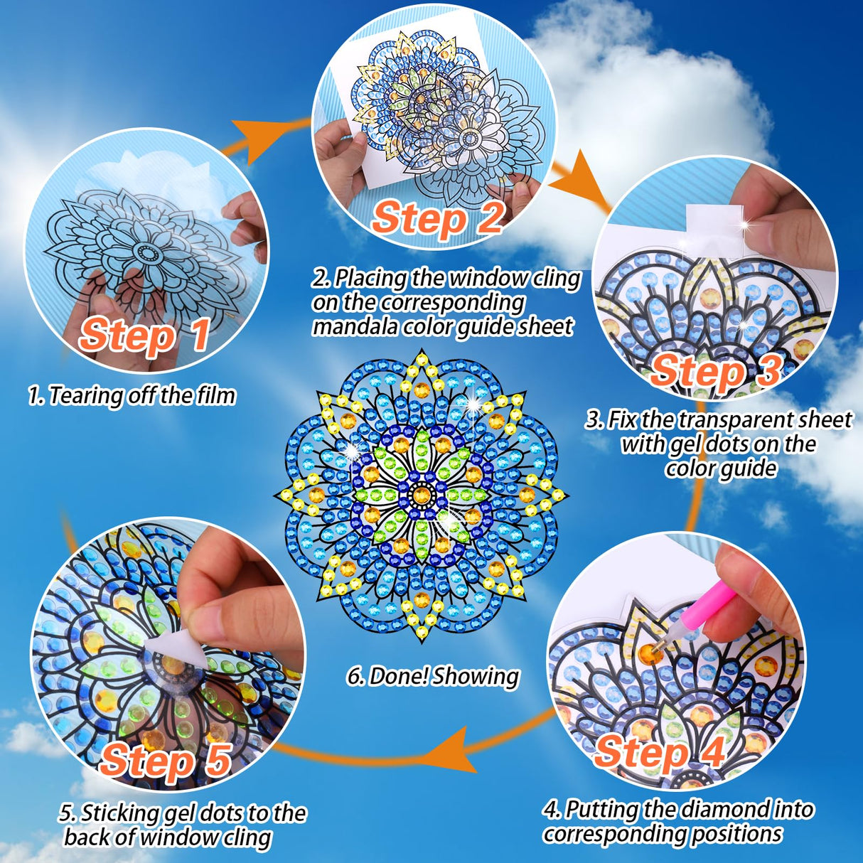 BSRESIN Diamond Art Stained Glass Window Clings with Diamond DIY Pen, 3 Pcs Mandala Window Stickers for Suncatchers, Diamond Art Kits for Adults, Diamond Art Accessories BSRESIN