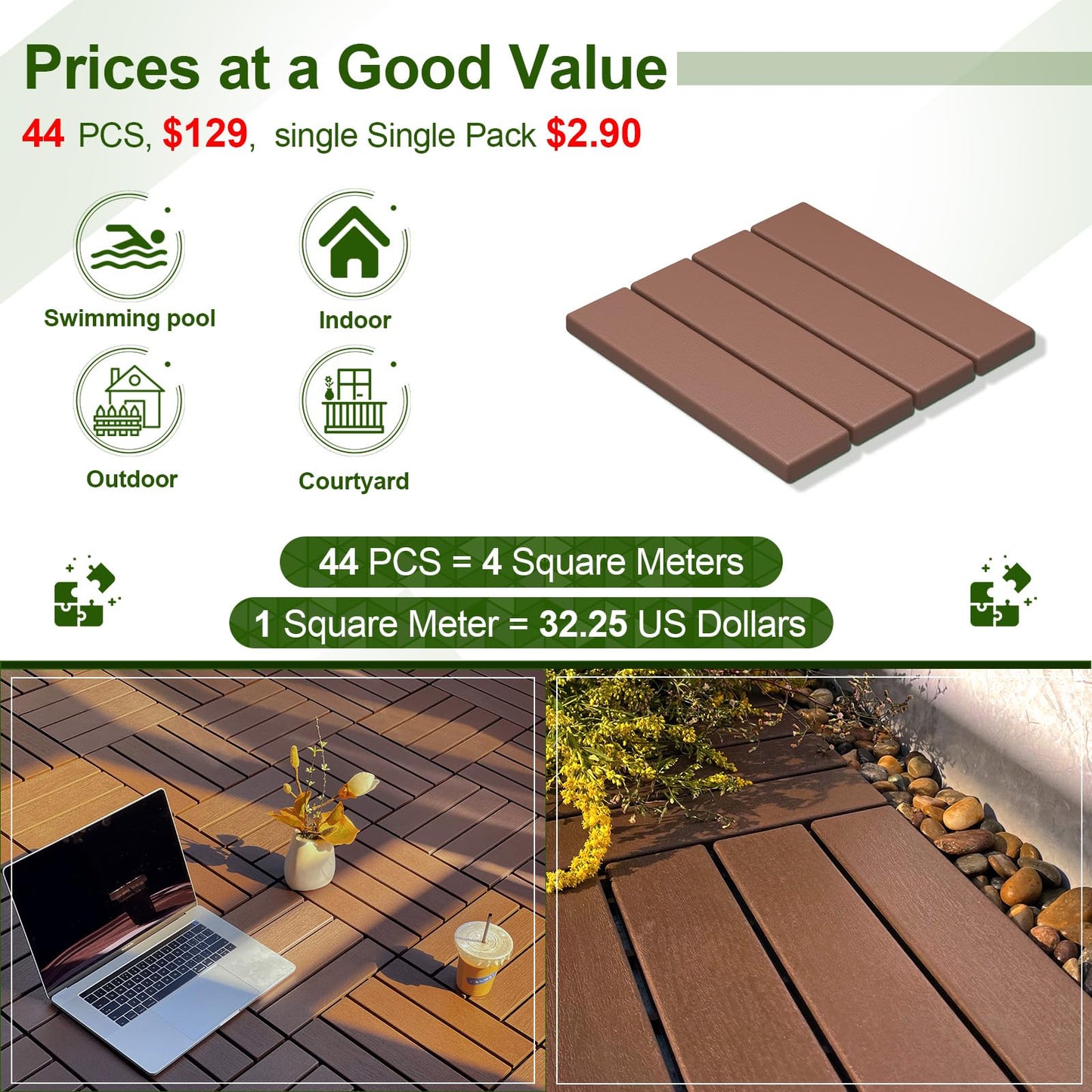 ROCKINGRUN 44 PCS Plastic Interlocking Deck Tiles-12 x12 Waterproof Outdoor Floor All Weather Use,Patio Floor Decking Tiles for Porch Poolside Balcony Backyard,Stripe Pattern,Brown