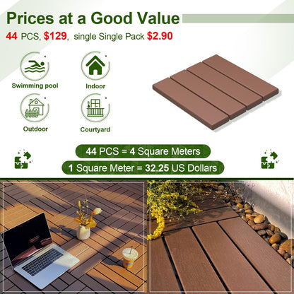 ROCKINGRUN 44 PCS Plastic Interlocking Deck Tiles-12 x12 Waterproof Outdoor Floor All Weather Use,Patio Floor Decking Tiles for Porch Poolside Balcony Backyard,Stripe Pattern,Brown