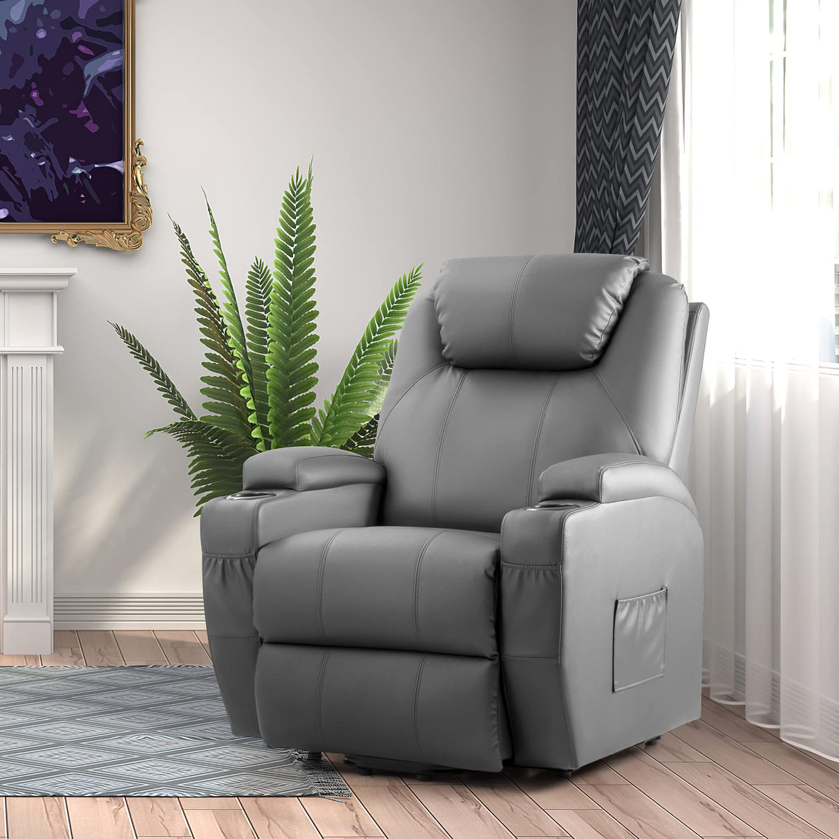 JUMMICO Power Lift Recliner Chair with Massage for Elderly PU Leather Modern Reclining Sofa Chair with Cup Holders, Remote Control, Adjustable Furniture (Gray) JUMMICO