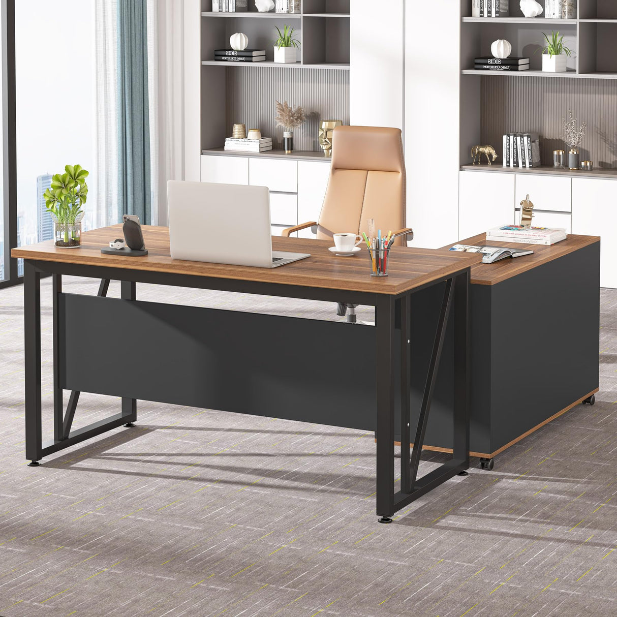 Tribesigns 55-Inch Executive Computer Desk with 43-Inch Lateral File Cabinet, Large Workstation Business Furniture, L Shaped Desk with Drawers and Storage Shelves for Home Office, Walnut Tribesigns