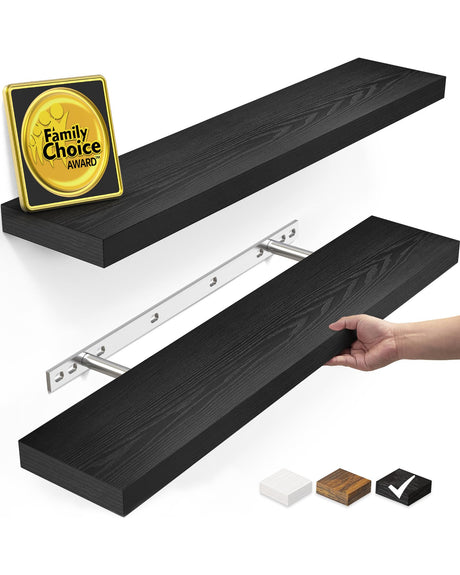 BAYKA Floating Shelves for Wall, 22.5" Wall Mounted Rustic Wood Shelves for Bathroom, Bedroom, Living Room, Kitchen, Office, Hanging Shelf for Books/Storage/Room Decor Capacity (Black, Set of 2) BAYKA