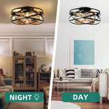 YITAHOME Caged Ceiling Fans with Lights Remote Control, 22'' Bladeless Low Profile Ceiling fan, 6 Speeds Flush Mount Enclosed Ceiling Fans with Reversible Motor, Matte Black Gold (4 E26 Bulb Include) YITAHOME