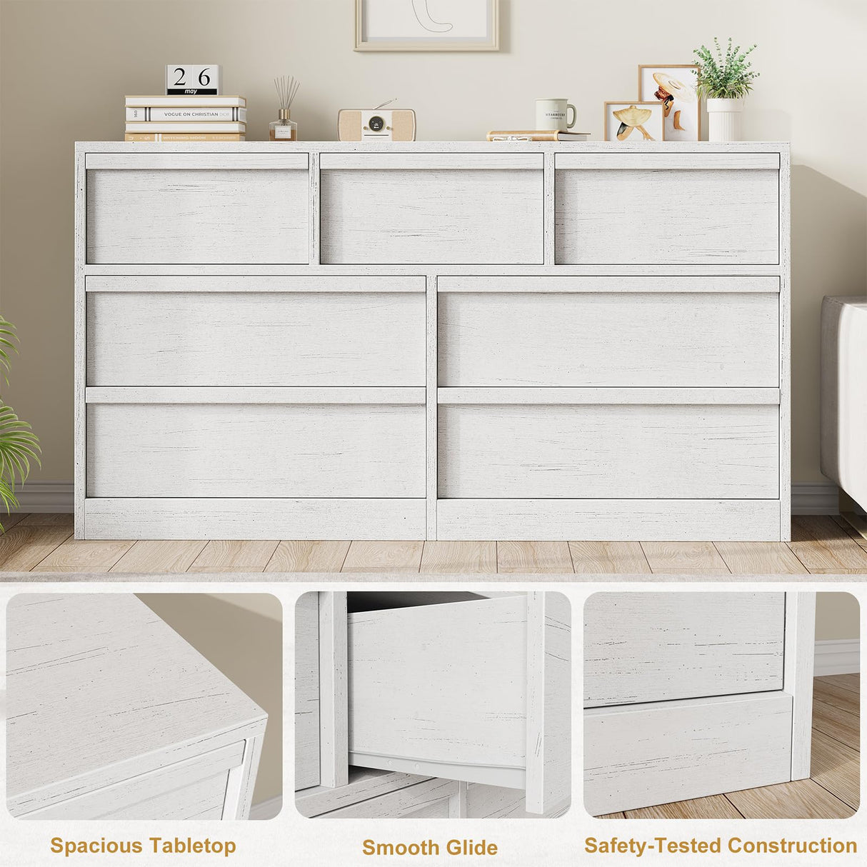 GarveeHome 7 Drawer Dresser for Bedroom, Antique White 7 Chest of Drawers with Large Storage Space, Wooden Dresser Organizer for Living Room, Nursery, Entryway GarveeHome