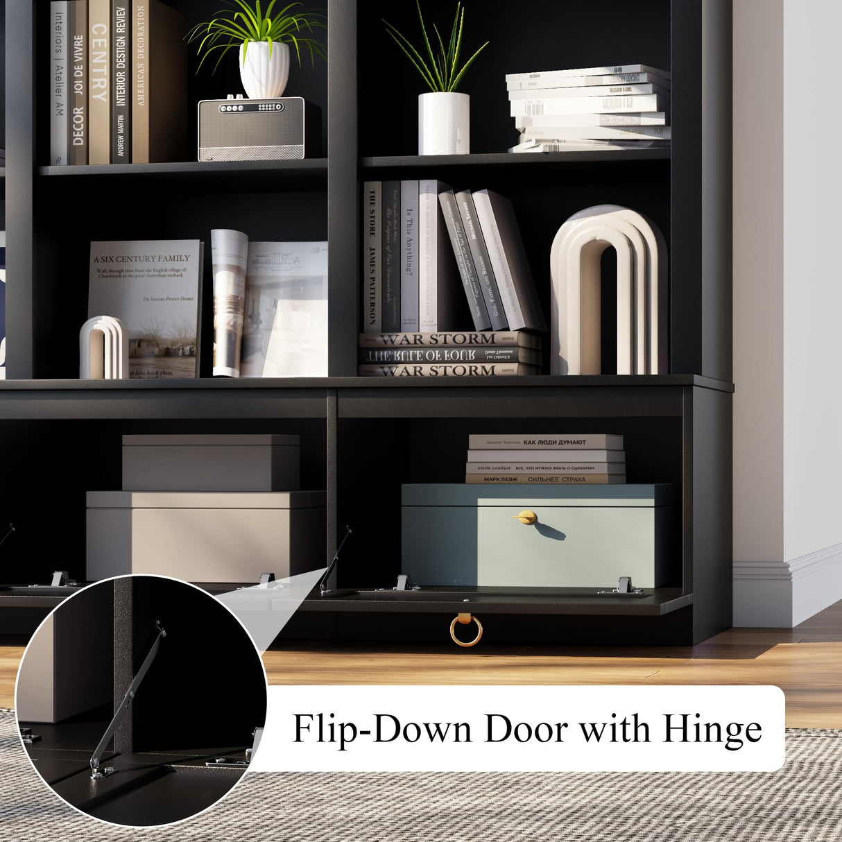 71" Triple Bookshelf with Doors, 5 Tier Tall Bookshelf with Cabinet , Large Book Shelf w/ 12 Adjustable Open Display Shelves & Anti-Tipping, 63" Wide Arched Bookcase for Living Room, Study, Black Loomie