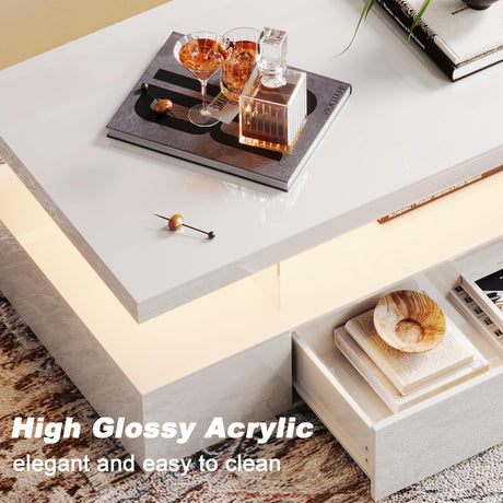 ChooChoo Modern LED Coffee Table, High Glossy Coffee Table with Drawer, Coffee Table with Storage for Living Room, Bedroom, White ChooChoo