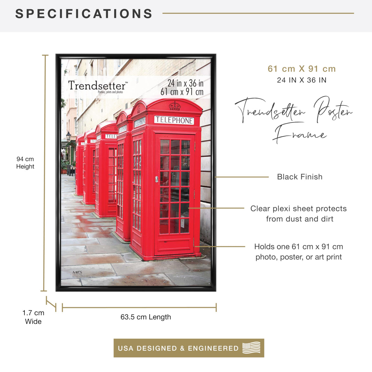 MCS Trendsetter 24x36 Poster Frame Black High-Gloss, Vertical & Horizontal Wall Hanging Large Picture Frame for Photos, Posters & Art Prints (1-Pack) MCS