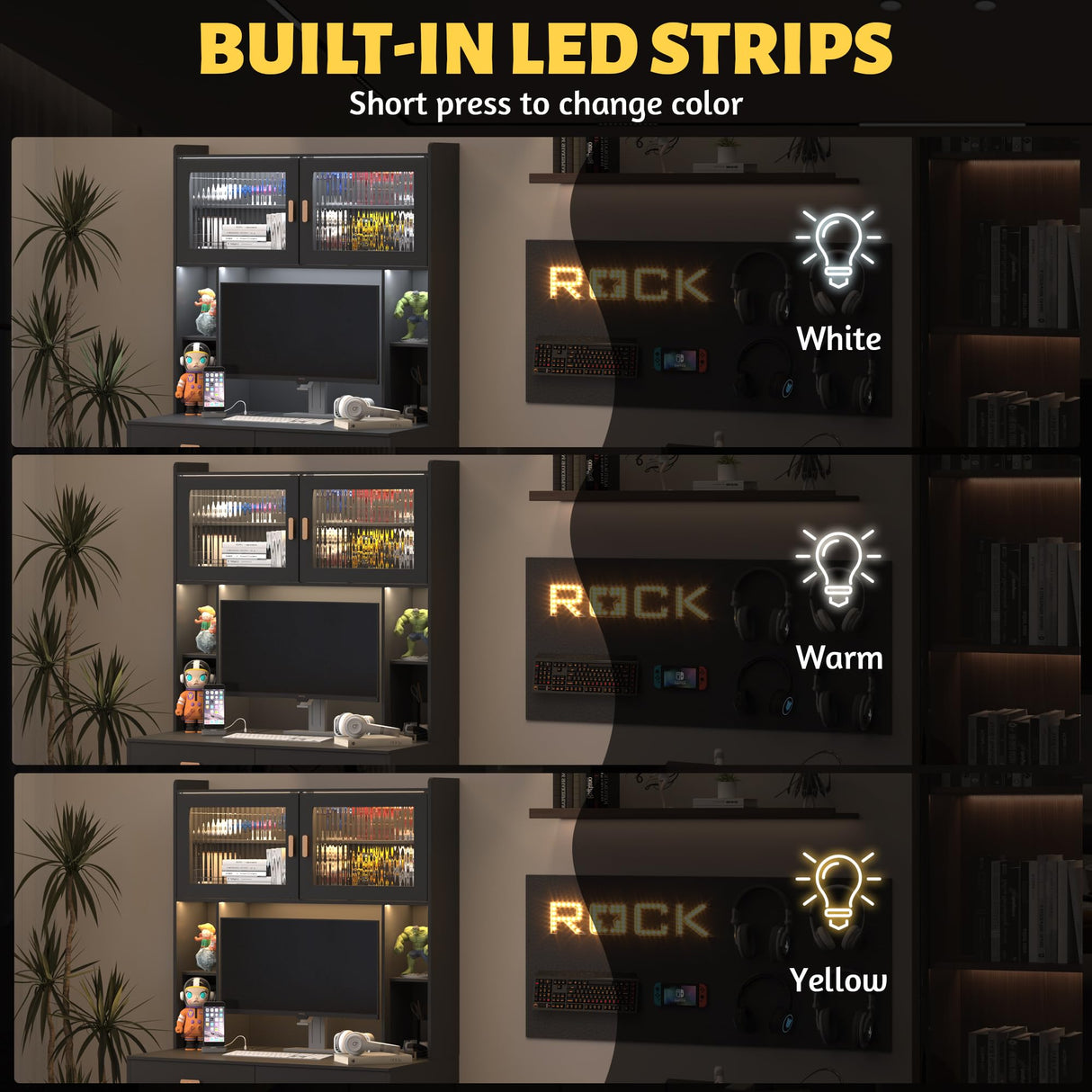 LVSOMT Home Office Desk with Hutch, Modern Computer Gaming Desk with LED Lights & Power Outlets, Black Study Table with Storage Shelves, Teen Writing Desk for Bedroom, 40'' W LVSOMT