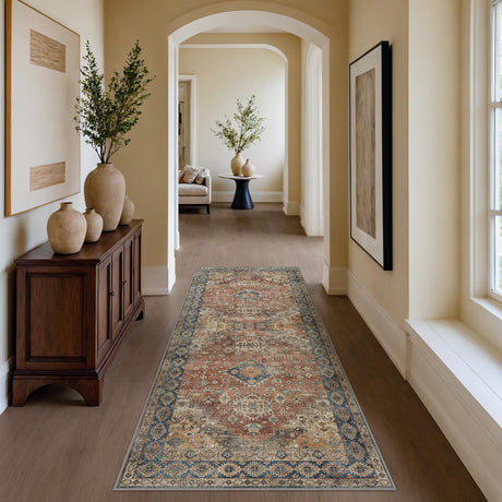 GENIMO 2X5 Machine Washable Non Slip Runner Rugs for Hallway Corridor, Thin Indoor Chenille Rug, Vintage Boho Aesthetic Carpet for Laundry Room Dining Room Kitchen Entryway Floor, Red GENIMO