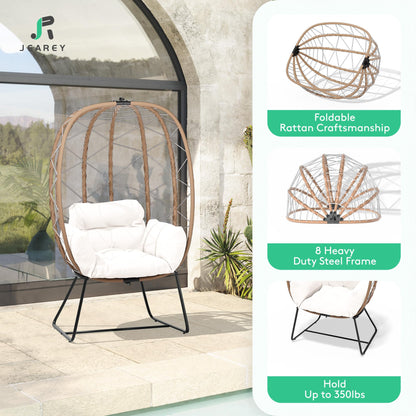 JEAREY Egg Chair with Side Table, Oversized Outdoor Indoor Lounger with 350lbs Capacity Wicker Egg Chair with Stand Cushion, Egg Basket Chair Set for Patio, Porch, Bedroom(White)… - WoodArtSupply