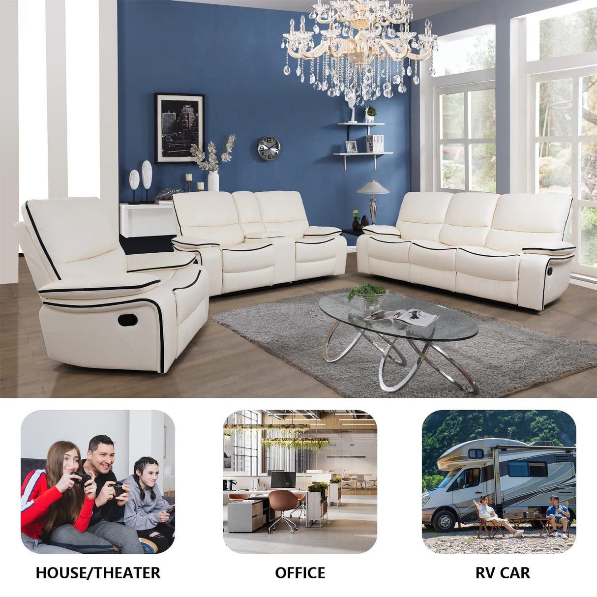 SIENWIEY Manual Recliner Sofa for Living Room,Faux Leather Double Reclining Couch for 3 Seats, Creamy White Leather Couch with Pull Down Coffee Table/Cup Holders(Sofa) SIENWIEY