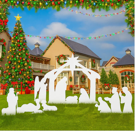 Anglechic 16 Pcs Large Christmas Outdoor Nativity Scene Set with Lumen Light White Weatherproof Holy Family Outdoor Decorations Nativity Set Lawn Signs for Xmas Holiday Yard Home Decorations Anglechic