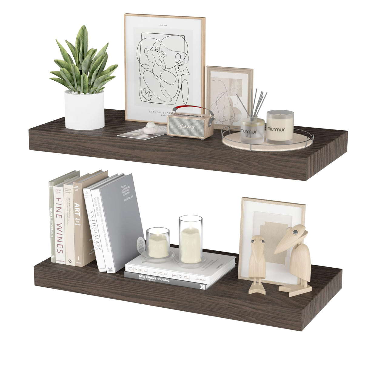 PopiShelves Floating Shelves for Wall- 17 Inch Natural Wood Shelves for Bathroom, Bedroom, Kitchen Decor, Farmhouse Decor Set of 2, Rustic Brown PopiShelves