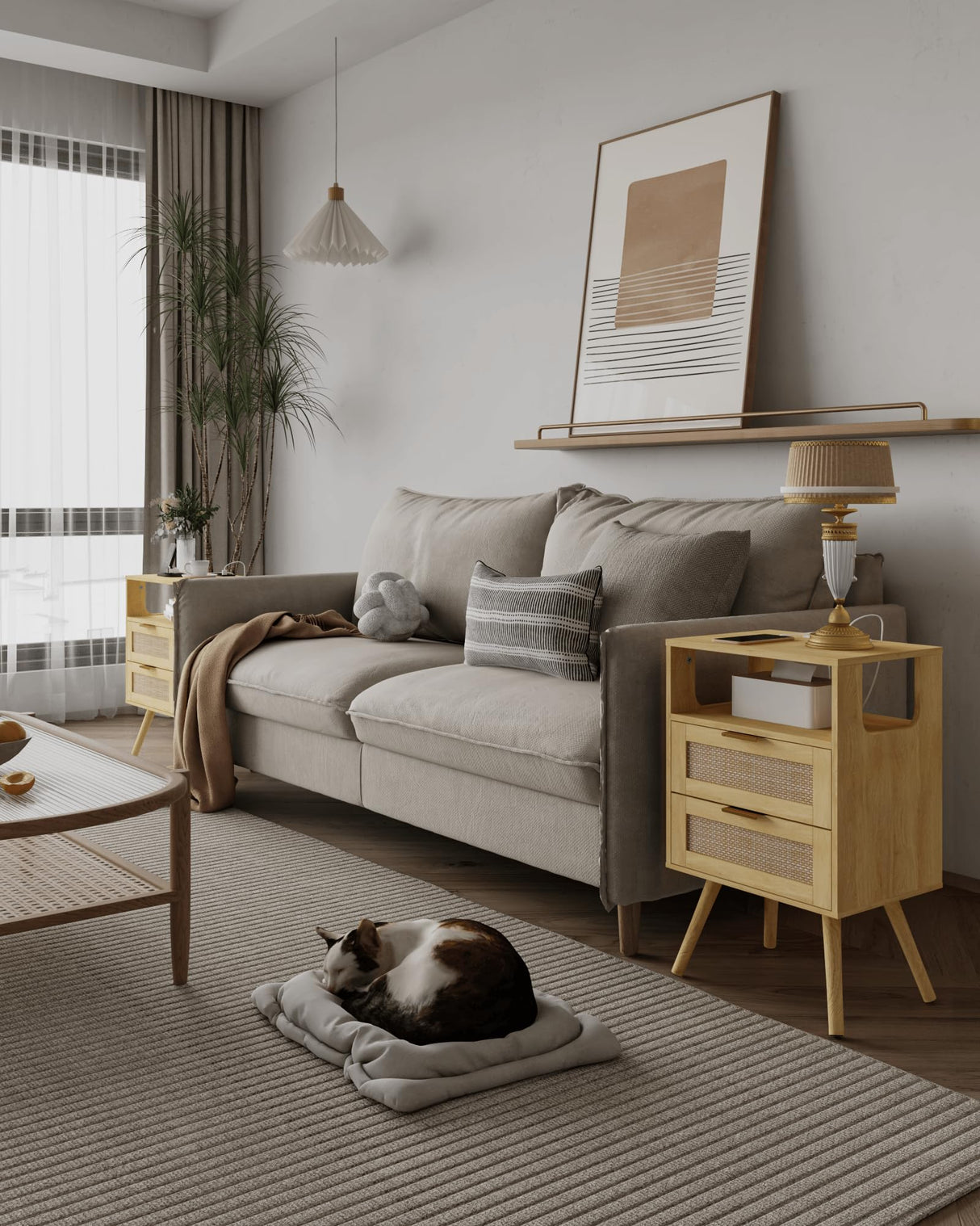 Veegle Rattan Nightstand with Charging Station,Modern Bedside Table with 2 Storage Drawer and Open Wood Shelf, for Bedroom and Small Spaces,Night Stand with Solid Wood Legs (Yellow Oak) Veegle