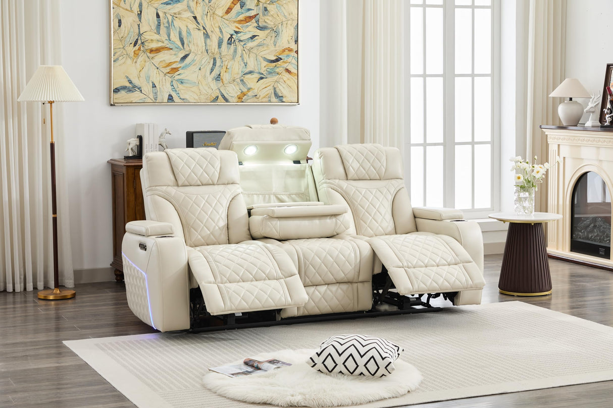 Power Recliner Sofa Set of 3 Pieces with Adjustable Headrest, Wireless Charger for Living Room, Electric Reclining Couch, Faux Leather 3 Seaters and Loveseat and Theater Chair with LED Lights, Beige Comfort Stretch