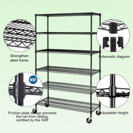 Storage shelves, 6-Tier Wire Shelving Unit NSF Certified Storage Rack 18"D x 48"W x 78"H 6000Lbs Capacity Adjustable Layer Heavy Duty Metal Rack Steel with Casters for Kitchen Garage Pantry Black Dopinmin