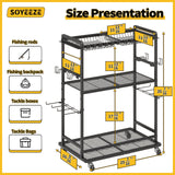 SOYEEZE Large Size Fishing Rod Holders for Garage, Heavy Duty 3-Tier Fishing Pole Rack Holds Up to 12 Rods, Fishing Gear Organizer with 2 Metal Baskets, Fishing Storage Cart with Lockable Wheels SOYEEZE