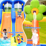 WELLFUNTIME Inflatable Water 3 Slides Park with Blower, Inflatable Bounce House with Climbing Wall, Water Cannon, Dartboard, Flower Sprayer and Deep Pool WELLFUNTIME