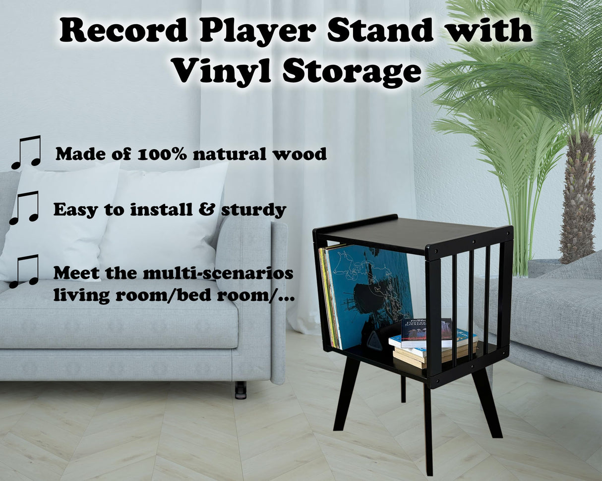AF28 Record Player Stand Stores up to 100 LP Albums. Vinyl Record Display Holder for Living Room Bedroom, Turntable Stand, Record Player Table, End Table Made of 100% Natural Solid Wood (Black) AF28