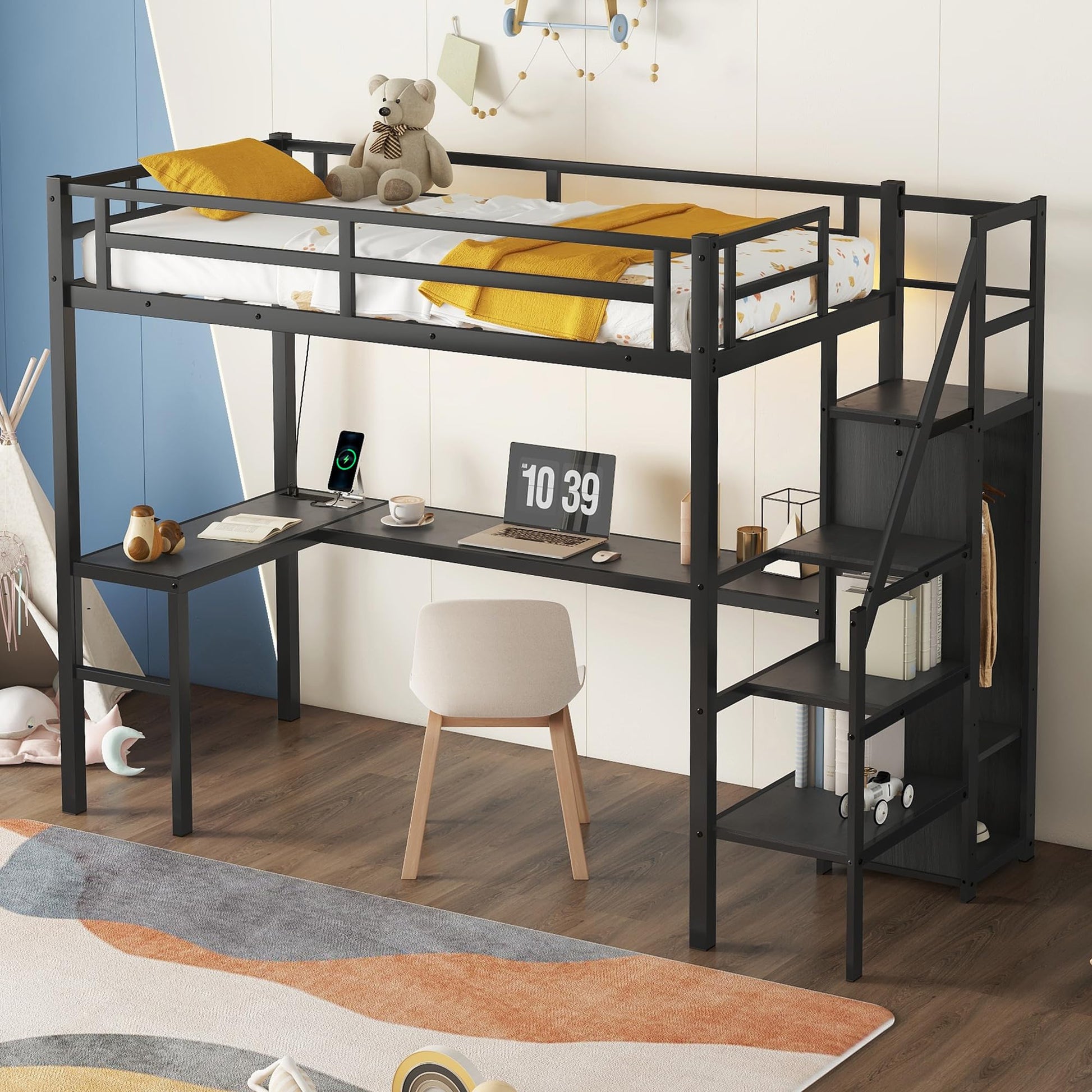 RuiSiSi Twin XL Metal Loft Bed with Wardrobe, L-shaped Desk, USB Charging, and LED Lights - Black - WoodArtSupply