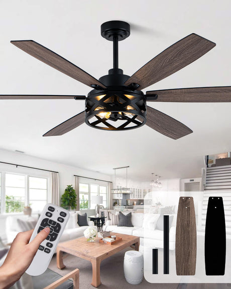 Curve Curio 60 Inch Farmhouse Ceiling Fan with Light Black Rustic Ceiling Fan Reversible DC Motor Caged Chandelier Fan for Living Room Bedroom Curve Curio