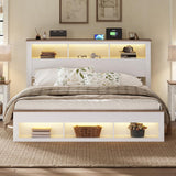 Albott King Size Farmhouse Bed Frame with Storage Bookcase Headboard and Footboard, Storage Wood Platform Bed Frame with Wood Slats Support, Noiseless LED Bed Frame, No Box Spring Needed, White Albott