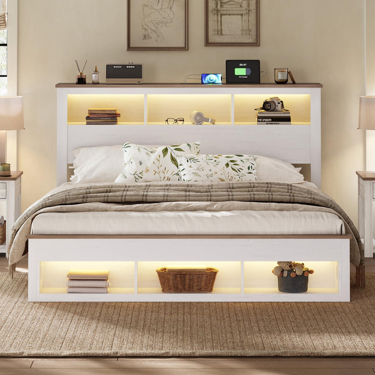 Albott Farmhouse King Size Bed Frame with Storage Bookcase Headboard and Footboard, Storage Wood Platform Bed Frame with Wood Slats Support, Noiseless LED Bed Frame, No Box Spring Needed, White Albott