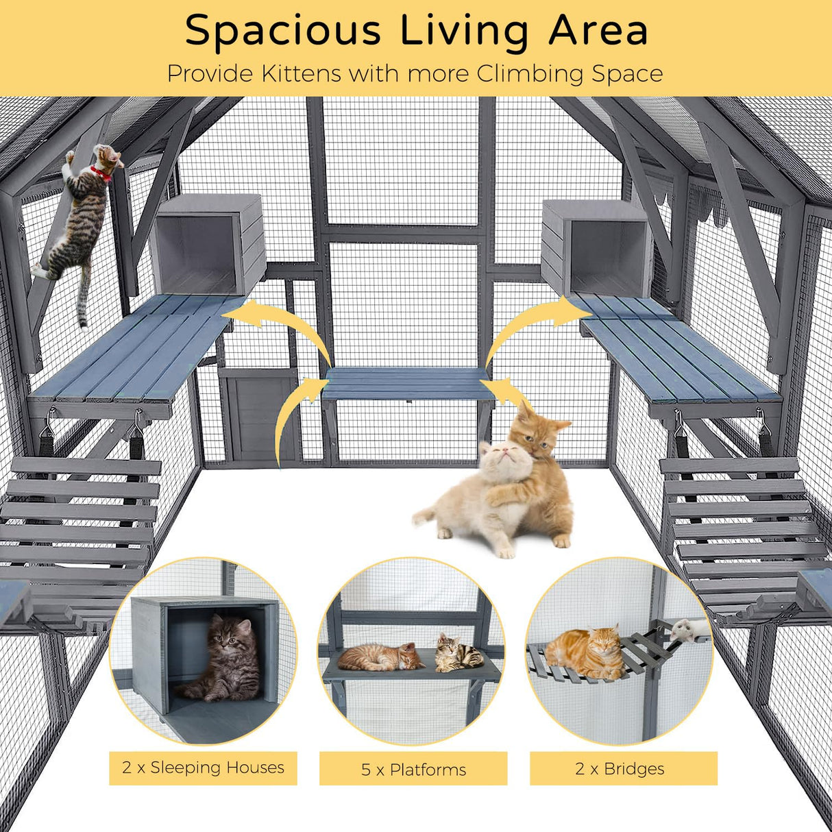 HYDRAGARDEN Large Catio Outdoor Cat House Enclosure Wooden Cat Cage Kitten Condo for Multiple Pets Walk in, with Bouncy Bridge, Platforms, Small Houses and Weatherproof Roof - 111”x74”x74” HYDRAGARDEN