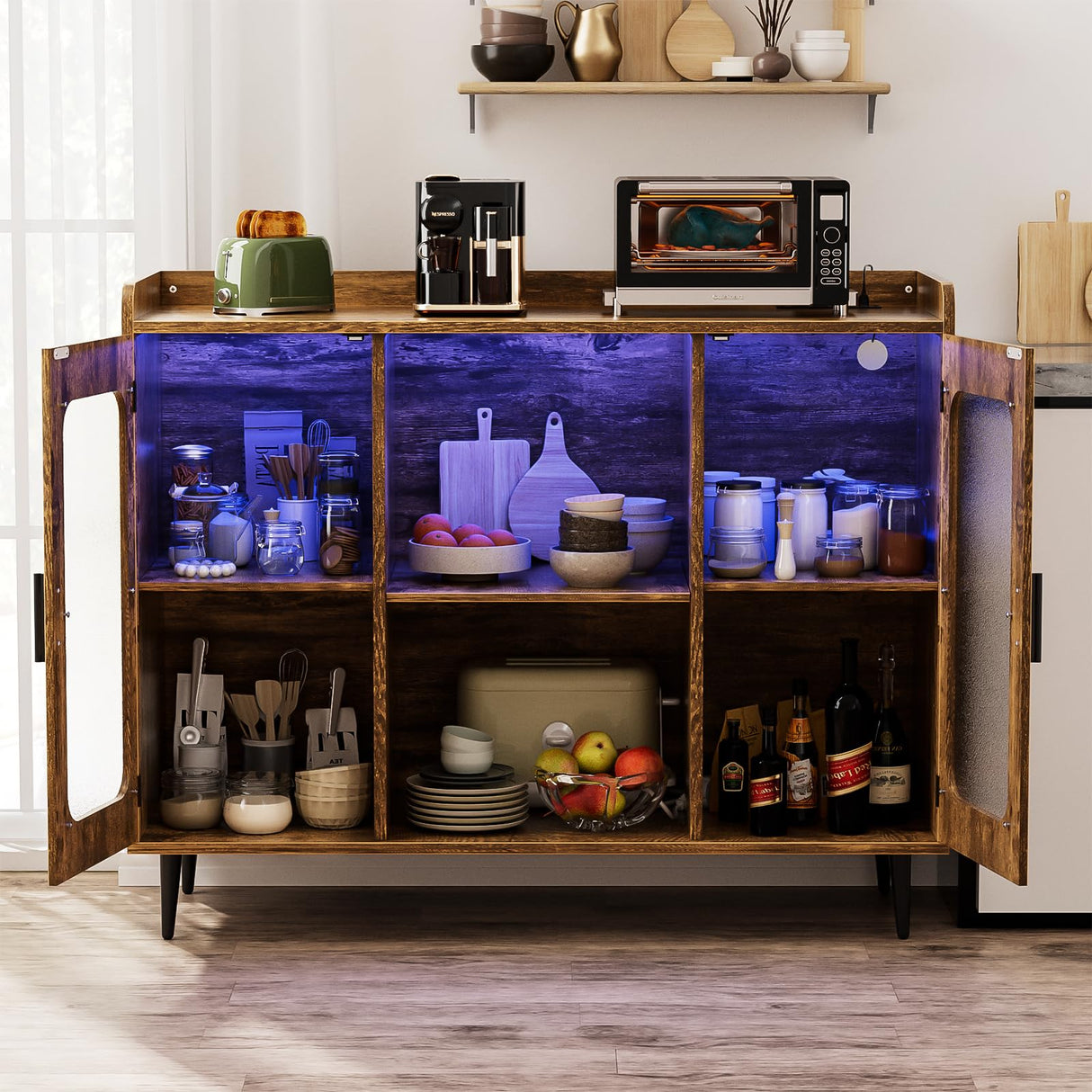 Hyomdeck Rustic Brown Liquor Cabinet with LED Lighting, Power Outlet & Versatile Storage Solutions Hyomdeck