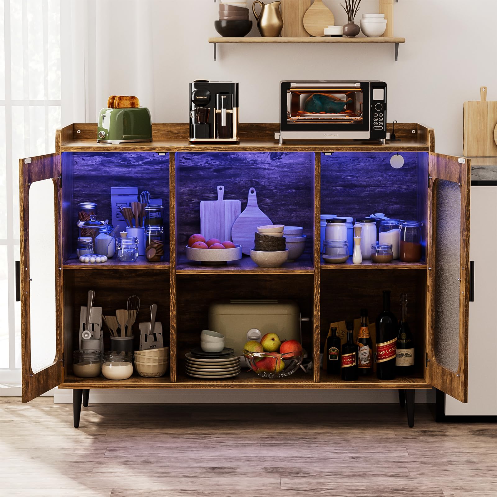 Hyomdeck Rustic Brown Liquor Cabinet with LED Lighting, Power Outlet & Versatile Storage Solutions - WoodArtSupply