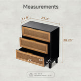 COZAYH Farmhouse 3-Drawer Nightstand, Set of 2 Woven Cane Front Accent Dresser with Brass Pull, Fully-Assembled, Black COZAYH