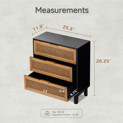 COZAYH Farmhouse 3-Drawer Nightstand, Set of 2 Woven Cane Front Accent Dresser with Brass Pull, Fully-Assembled, Black - WoodArtSupply