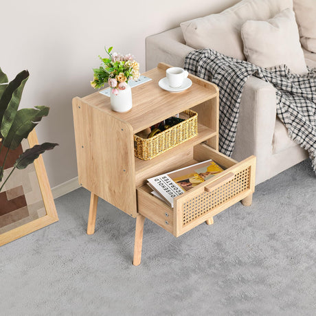 Lerliuo Rattan Nightstand with Charging Station, Boho Side Table with Drawer Open Shelf, Cane Accent Bedside End Table with Solid Wood Legs for Bedroom, Dorm and Small Spaces Lerliuo