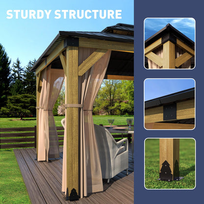 SUNBURY 12'x20' Outdoor Cedar Wood Gazebo, 2-Tier Metal Hardtop Wooden Frame Gazebo for Patio with Privacy Curtains and Mosquito Nettings for Gardens, Lawns, Backyard, Poolside (Log Color Fra - WoodArtSupply