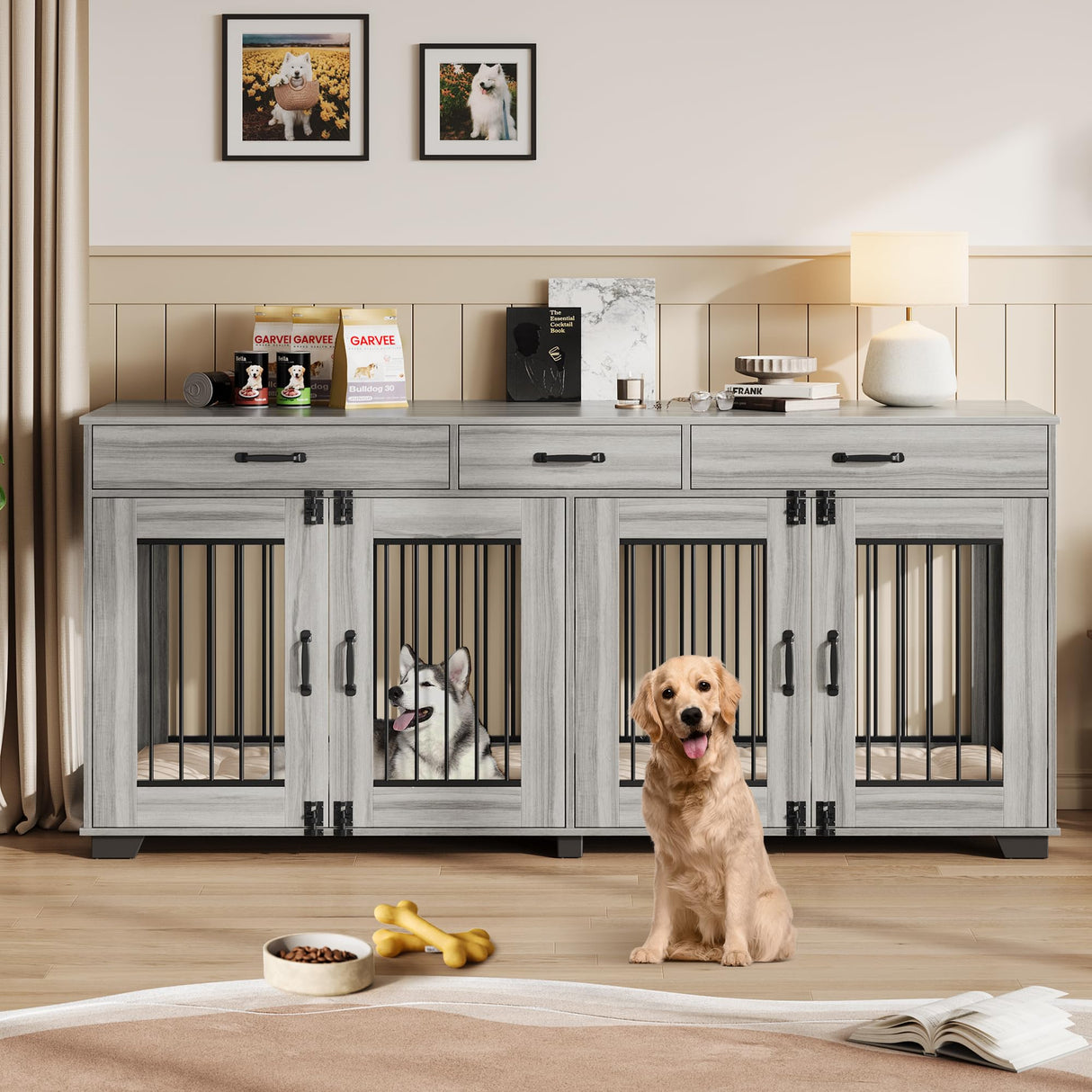 Garvee 71" Double Dog Crate Furniture, Heavy Duty Dog Kennel Indoor with 3 Storage Drawers & Divider, Decorative Side Table Pet Cage for Small & Medium Breeds, Grey Oak Garvee