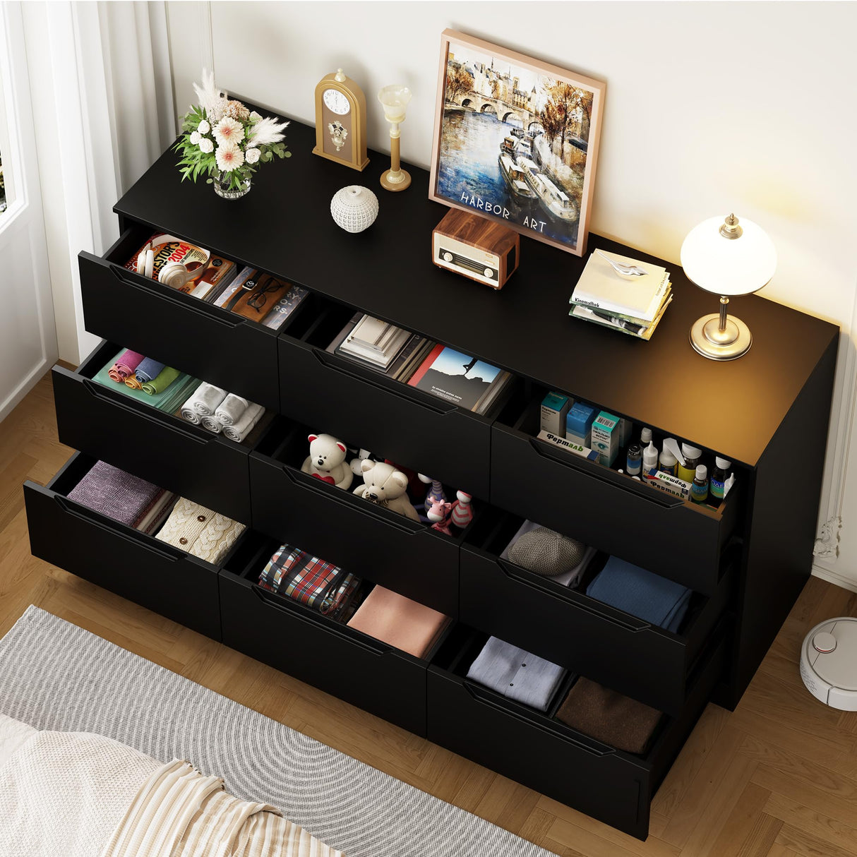 Winkalon 9 Drawer Dresser,62” Wide Chest of 9 Drawer Dresser, Modern Storage Cabinets with Large Wood Drawers for Bedroom, Living Room, Entryway, Hallway Black Winkalon