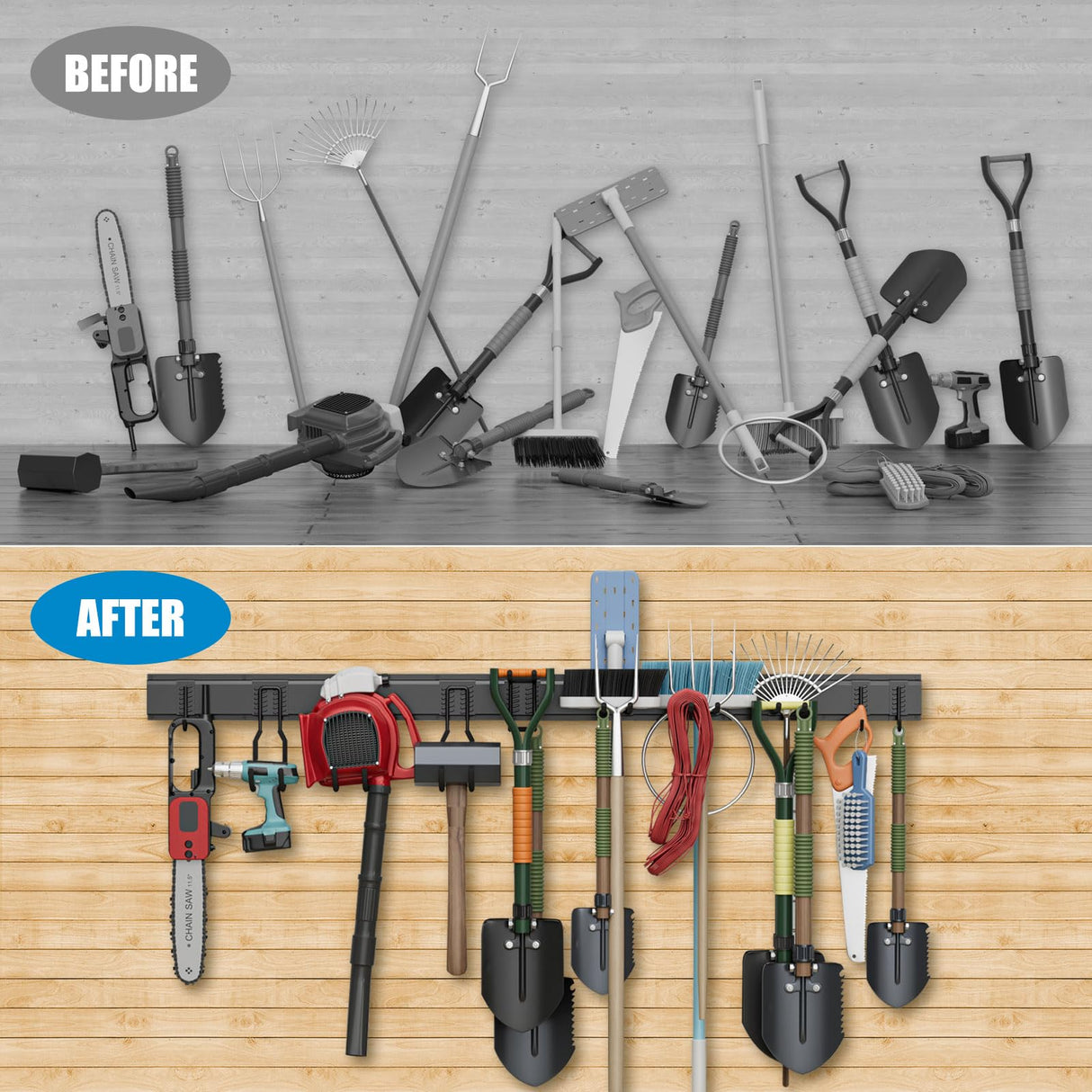 TICONN Garage Organization Tool Storage Utility Rack, Heavy Duty Wall Mounted Hanger Organizer System for Shed Garden Yard Tools, Ski Gears, Broom, Rake, Shovel (48" w/ 6 Hooks) TICONN