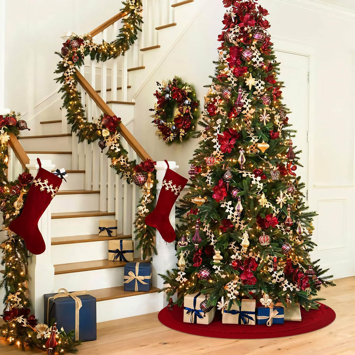 KCFESTIHUE Christmas Tree Skirt, 48 Inch Cable Knit Pattern, Luxury Xmas Holiday Decoration, Thick Rustic Fabric, Home Party Décor Red KCFESTIHUE